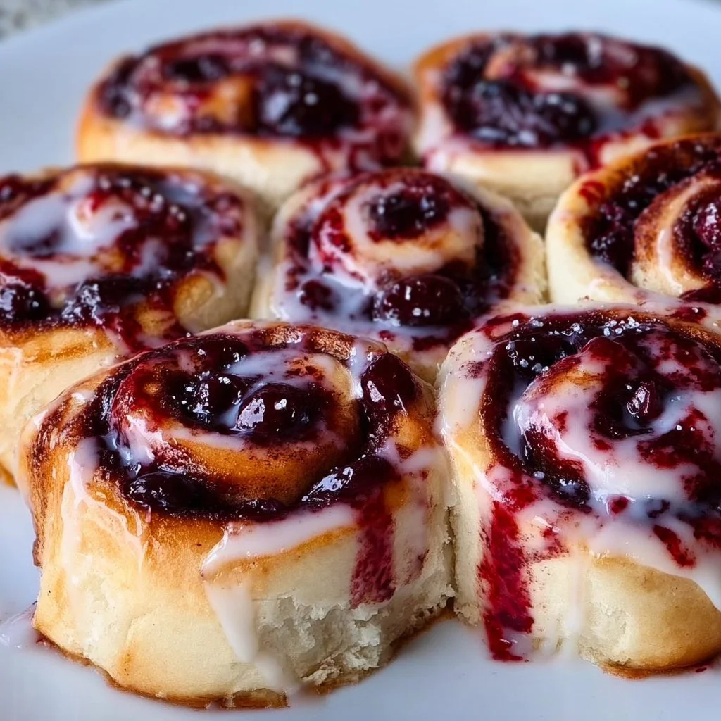 Freshly baked cherry cinnamon rolls with a homemade cherry filling