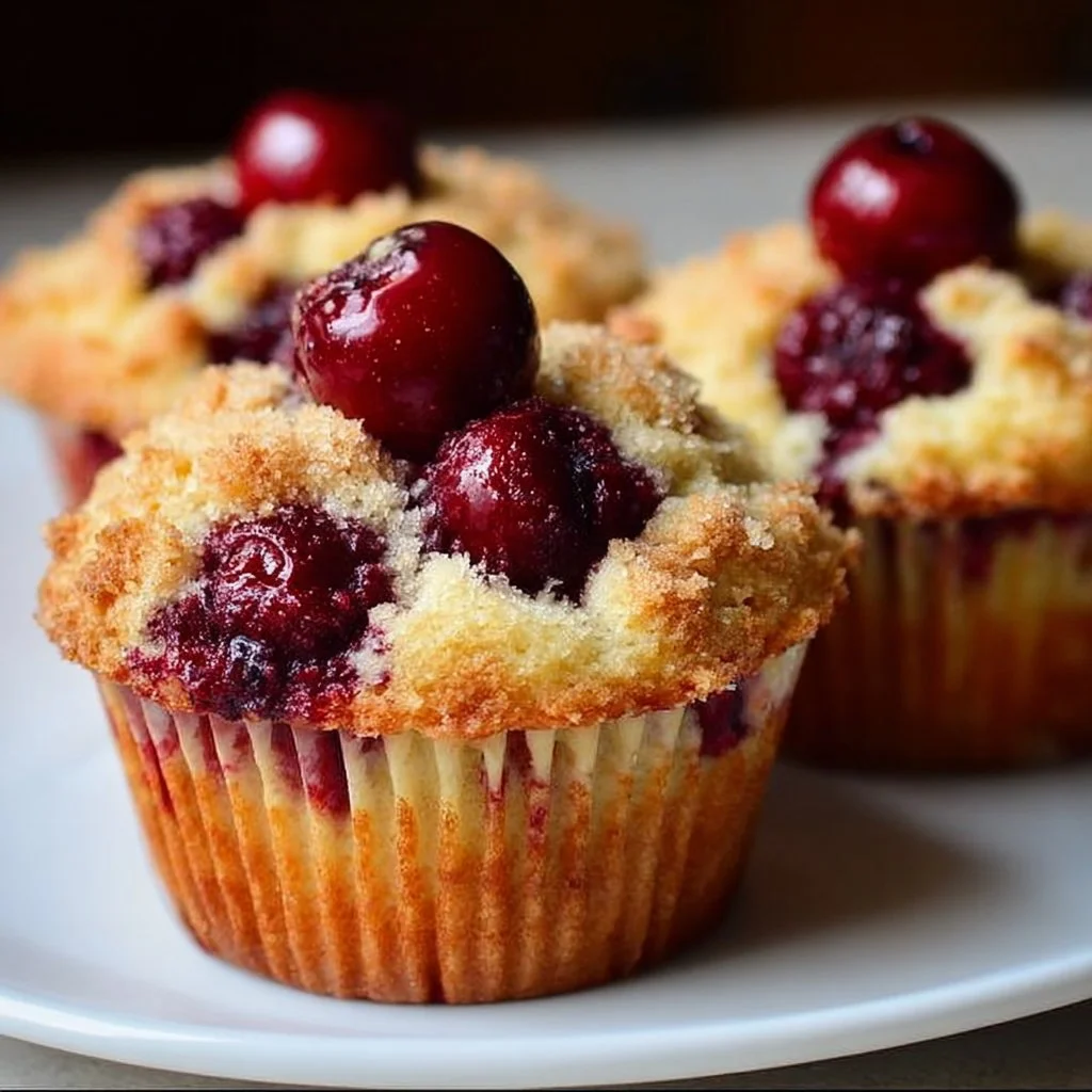 Freshly baked cherry cobbler muffins topped with crumbly streusel