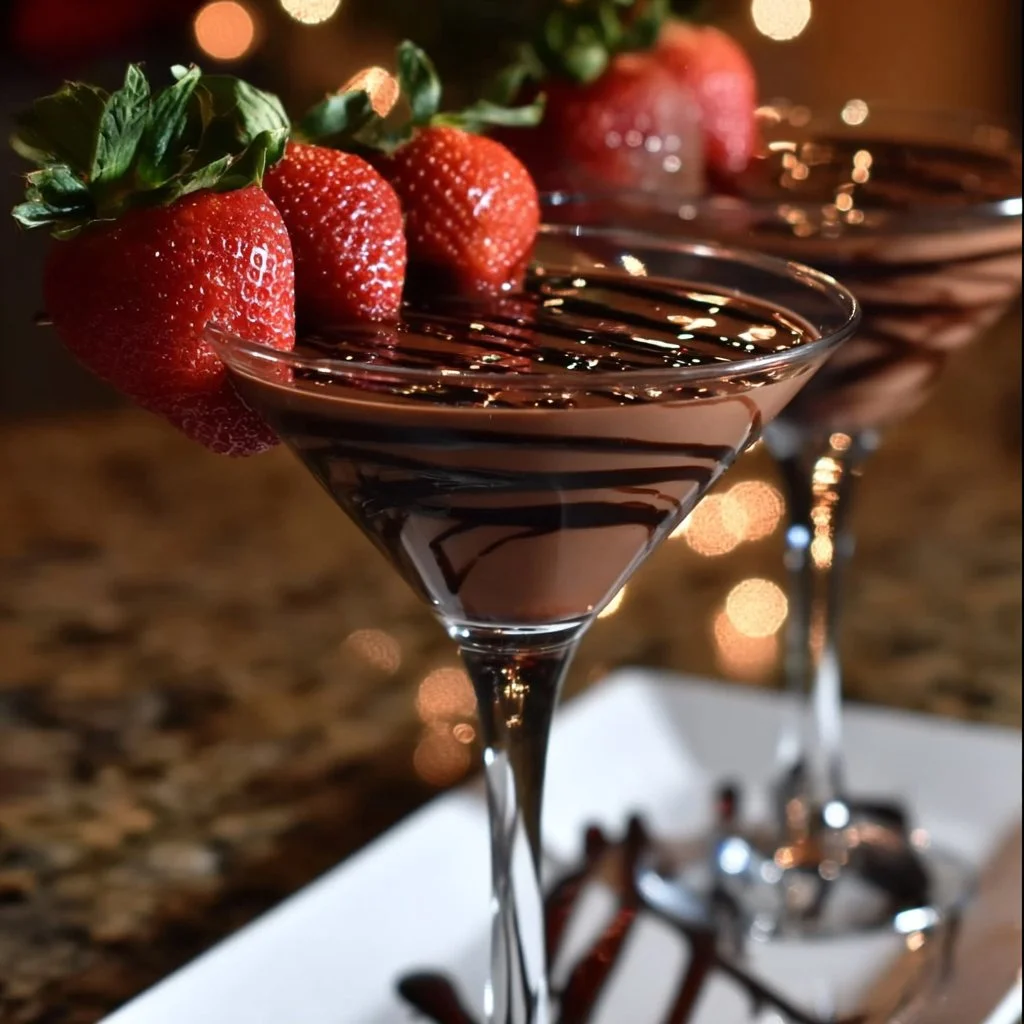 Delicious Chocolate Covered Strawberry Martini served in a glass with fresh strawberries