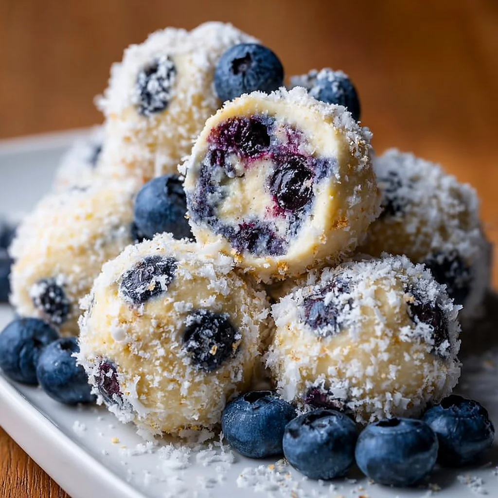 Creamy blueberry cheesecake protein balls on a white plate