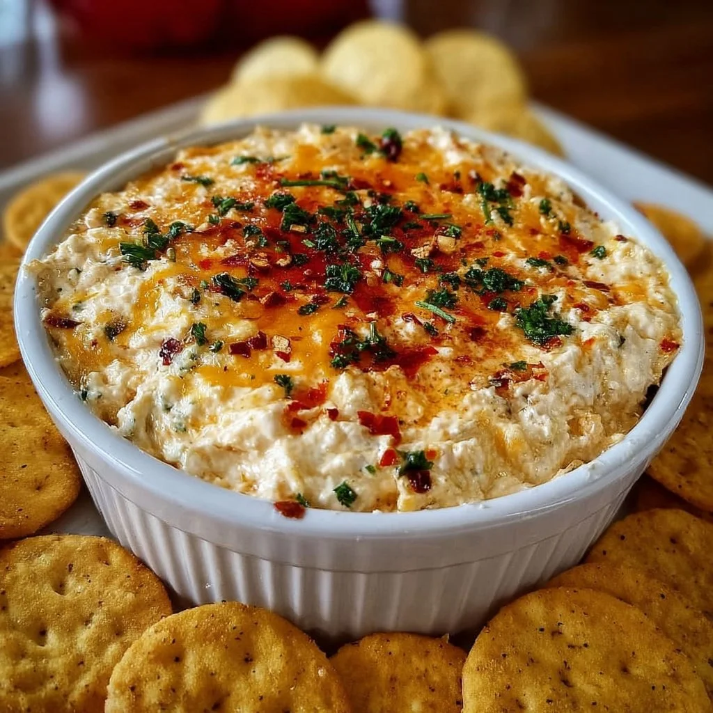 Creamy cheesy spicy dip served in a bowl with tortilla chips