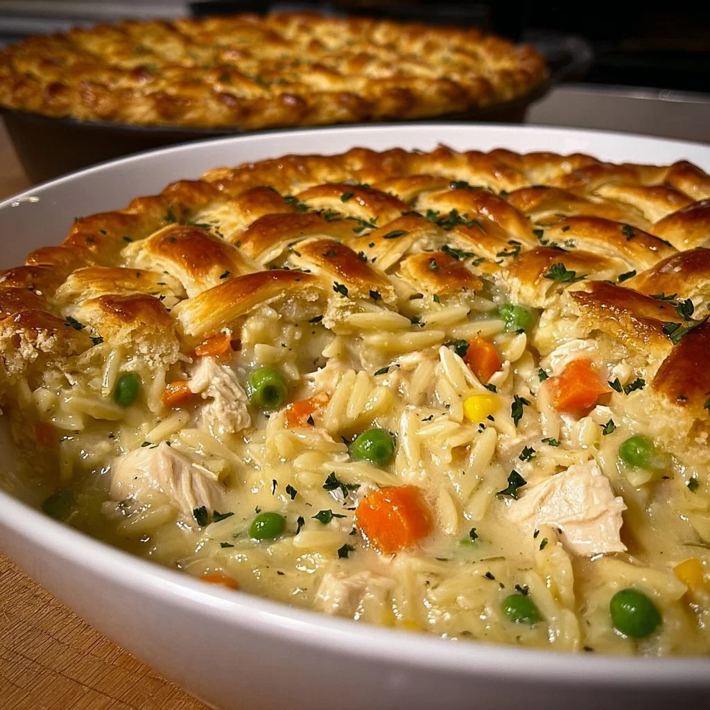 Creamy chicken pot pie with orzo served in a rustic dish