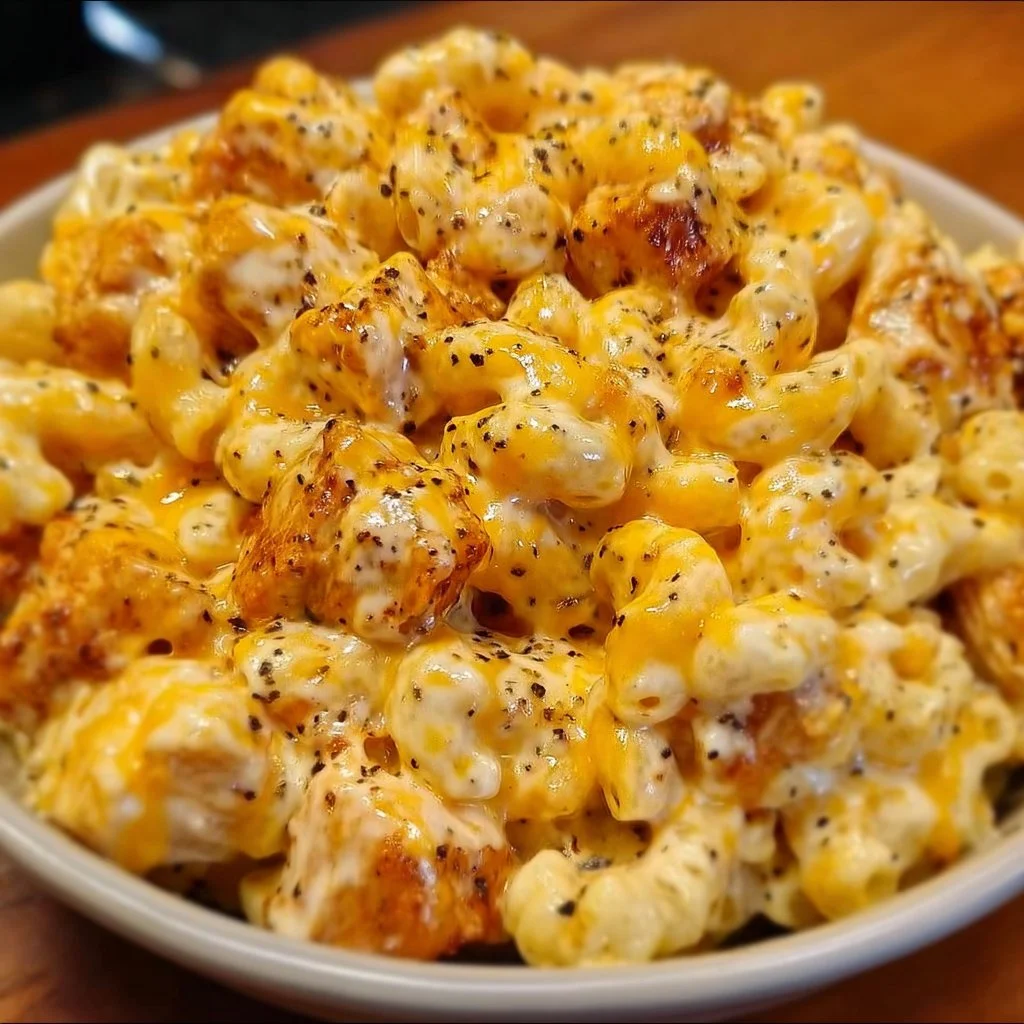 Creamy Honey Pepper Chicken Mac and Cheese dish served with herbs and spices.