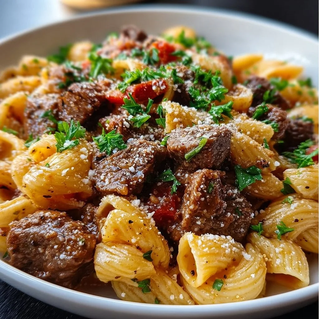 Delicious garlic beef pasta served with herbs and spices