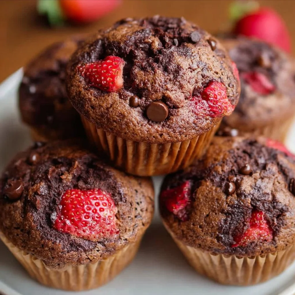 Double Chocolate Strawberry Muffins with rich chocolate and fresh strawberries