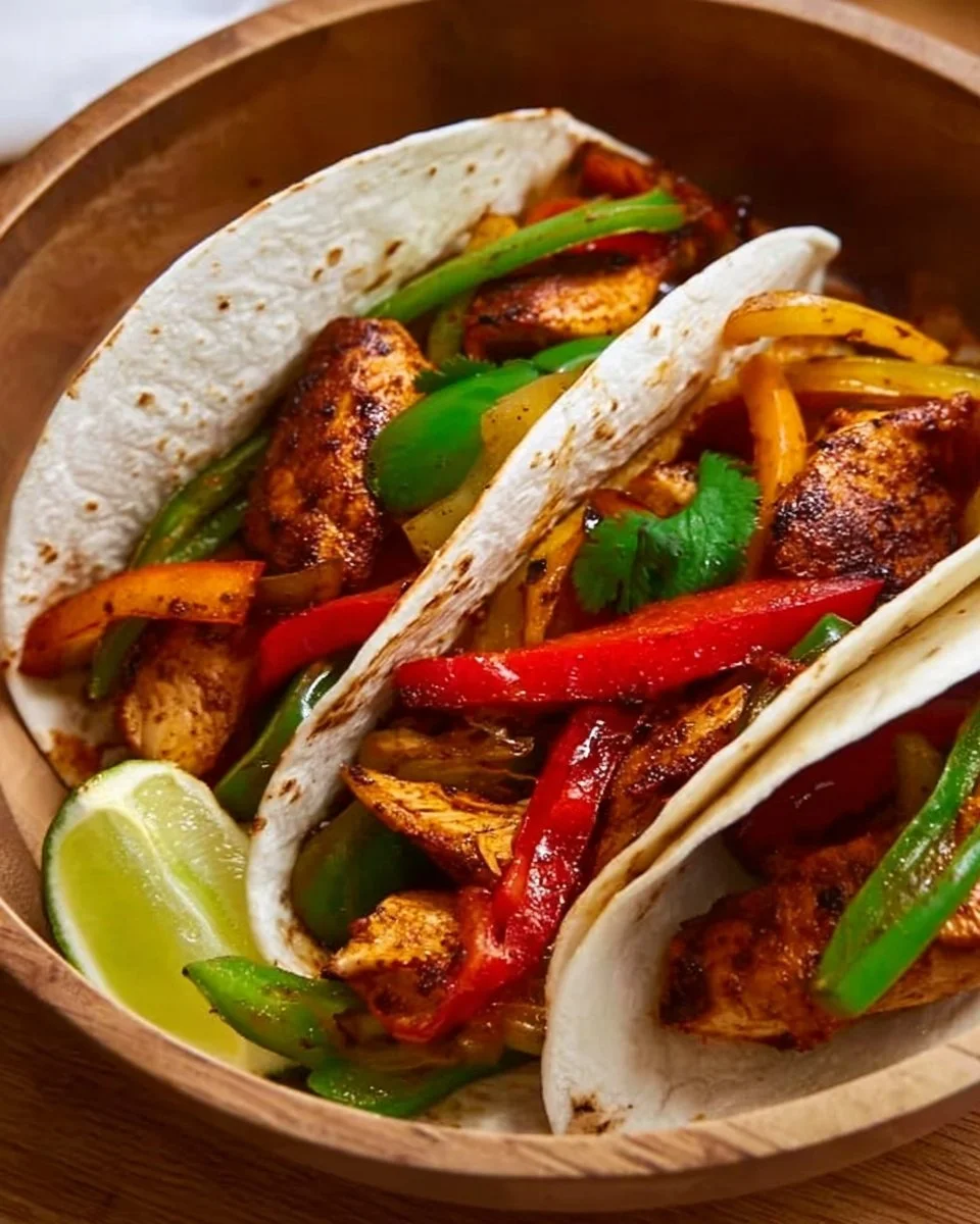 Delicious easy chicken fajitas served with peppers and onions on a plate