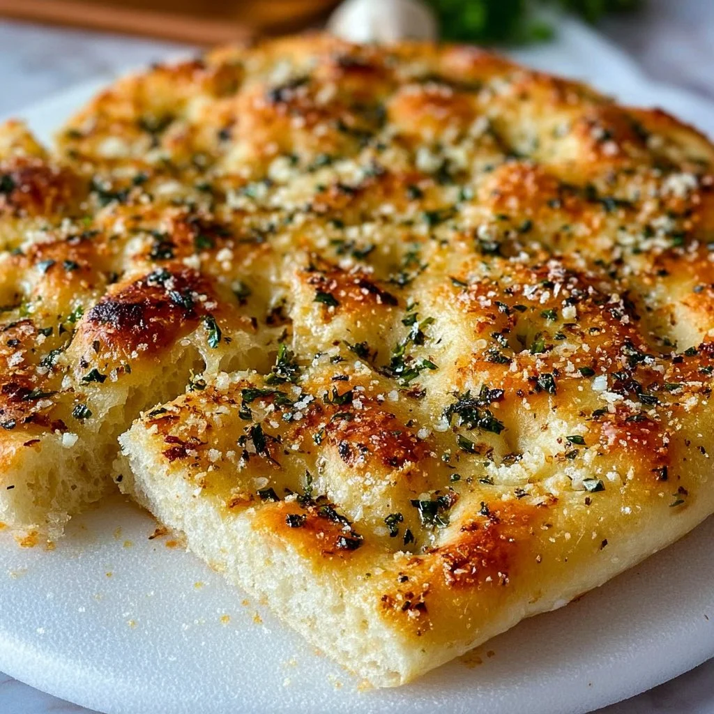 Homemade garlic parmesan focaccia bread garnished with herbs and cheese