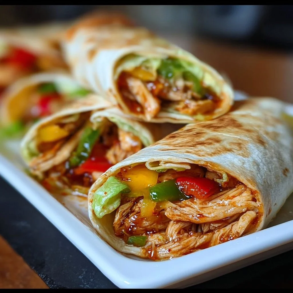 Delicious Firecracker Chicken Wraps with spicy chicken and fresh veggies