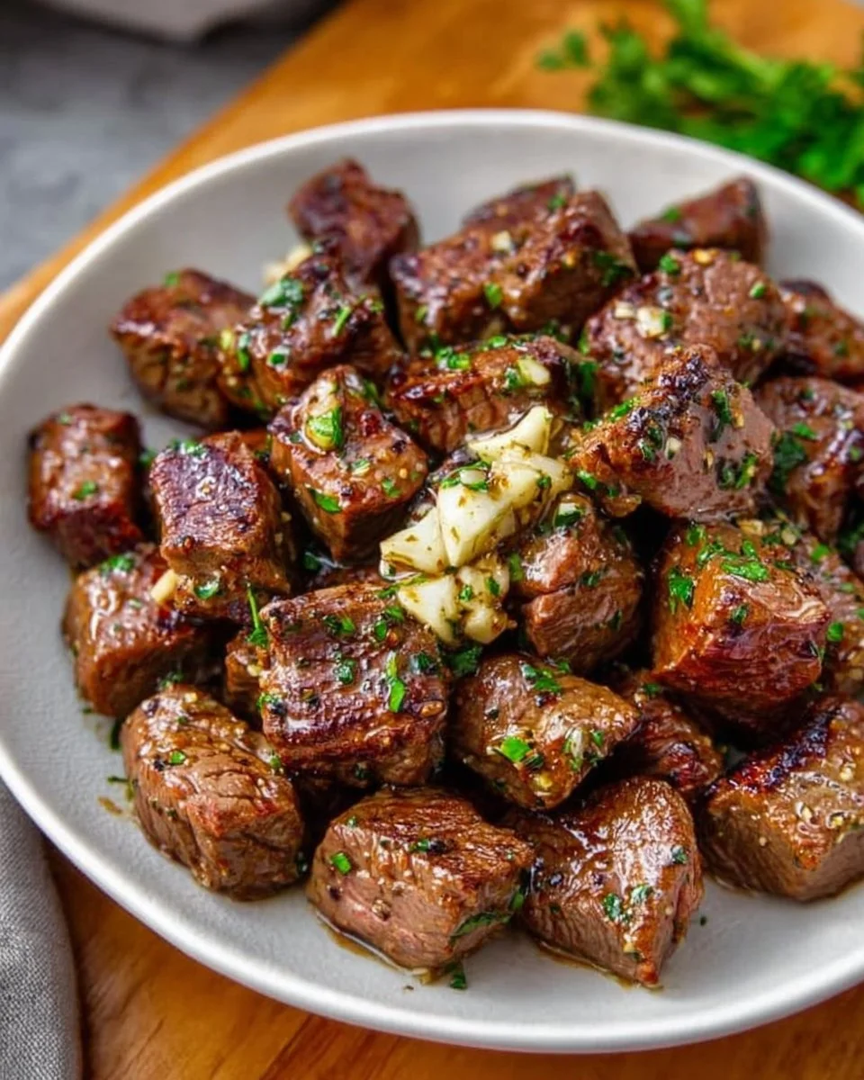 Delicious garlic butter steak bites served on a plate