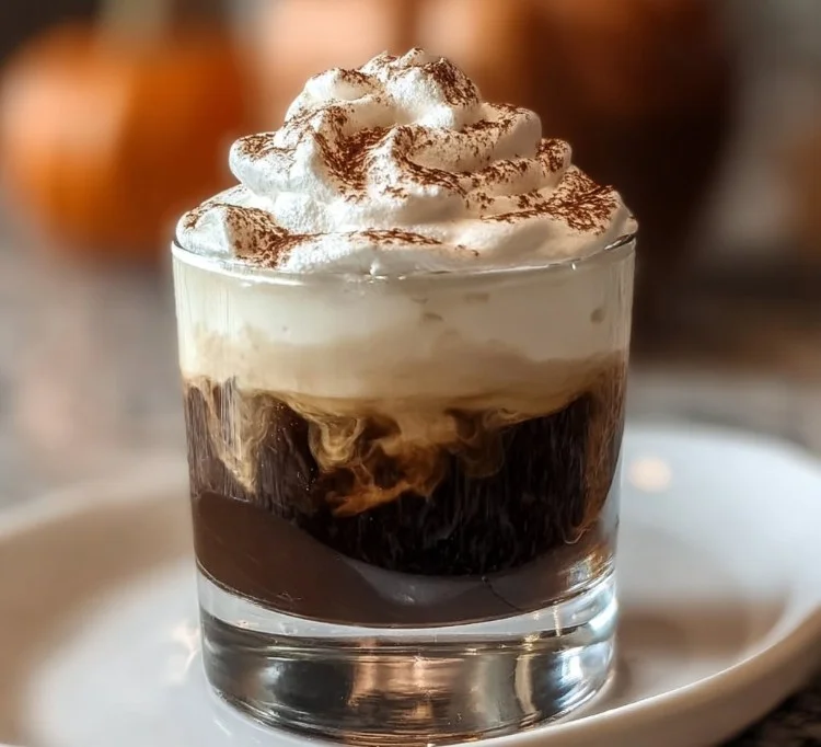 Ghostly White Russian Shot served in a dark setting for Halloween festivities