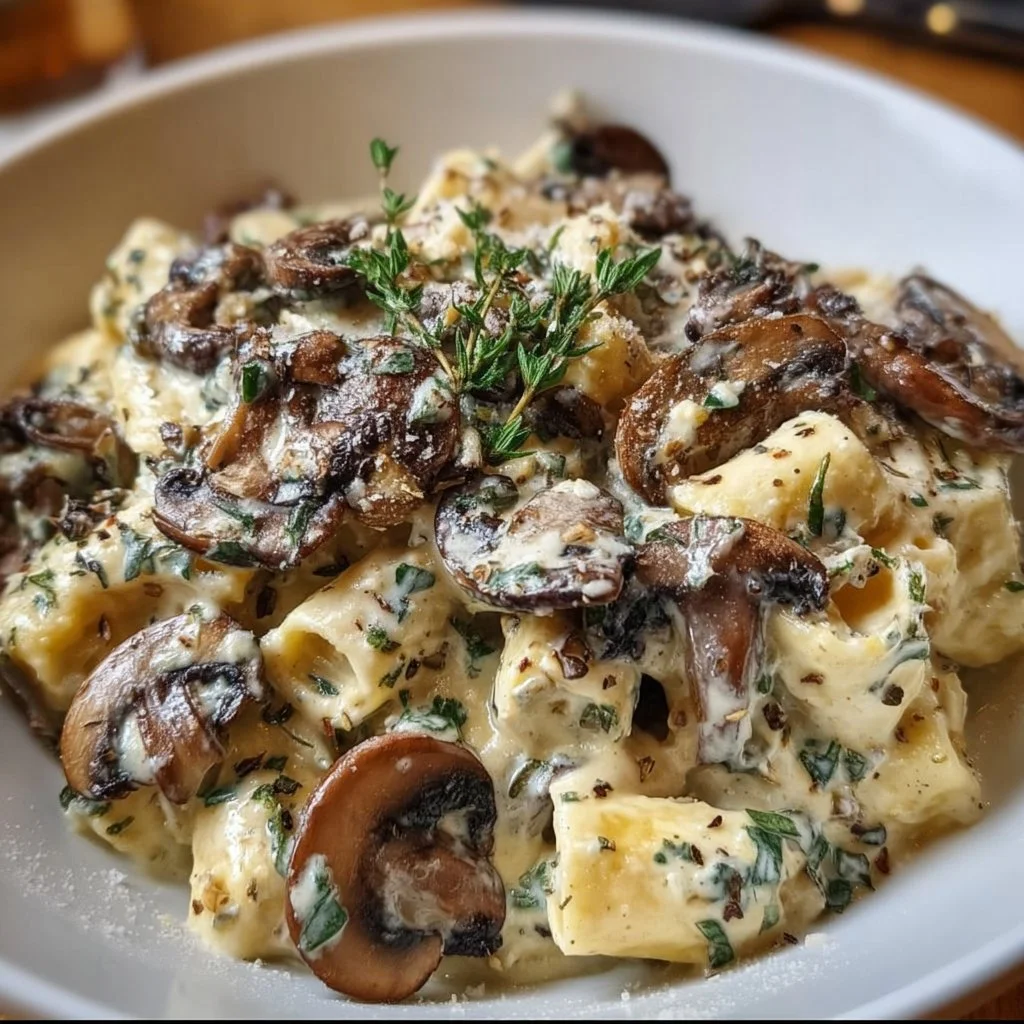Delicious Gorgonzola truffle cream mushrooms served in a gourmet dish