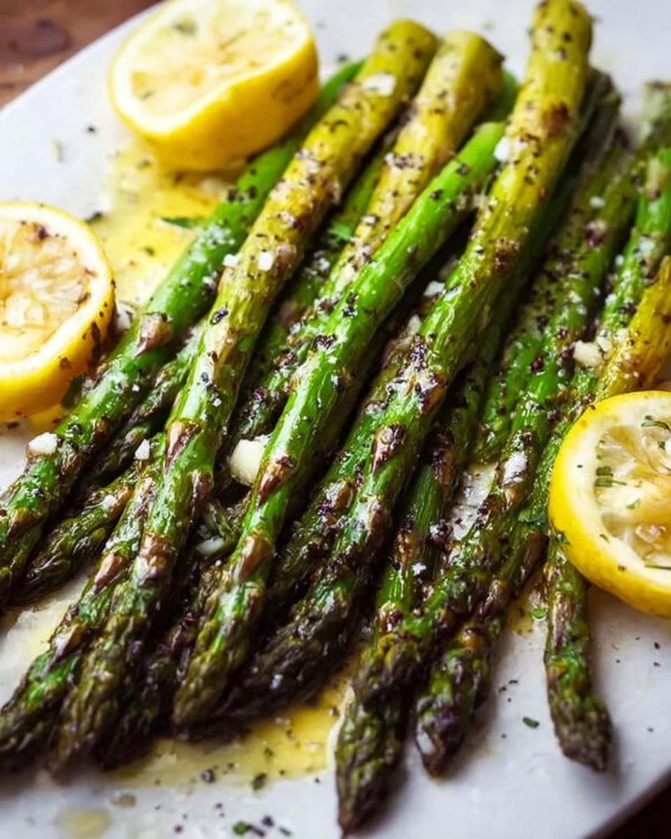 Plate of perfectly grilled asparagus garnished with lemon and herbs