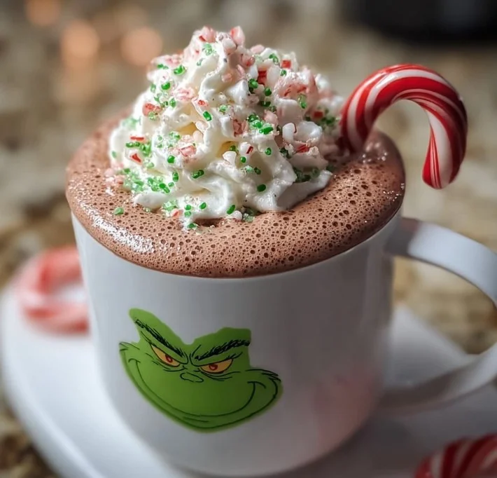 Delicious Grinch Hot Chocolate topped with whipped cream and festive decorations.