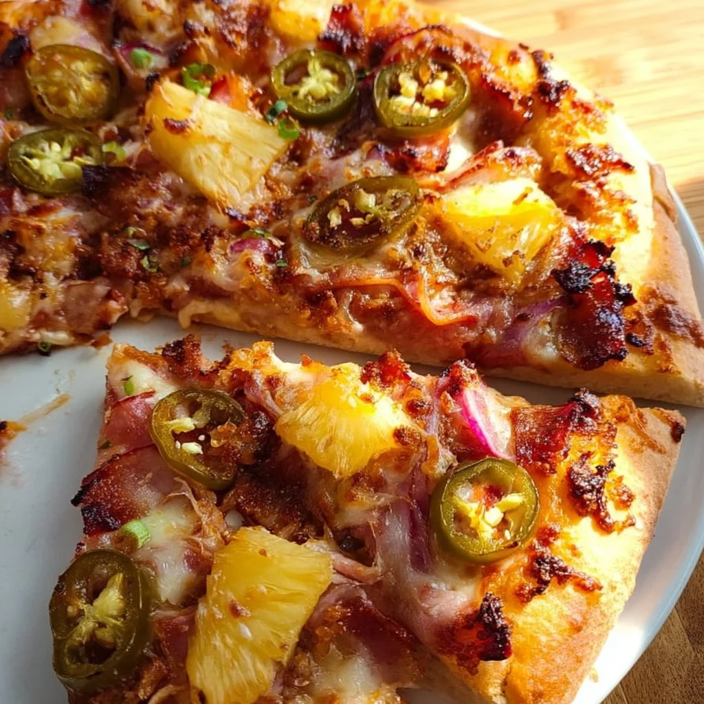 Delicious homemade Hawaiian pizza topped with ham and pineapple