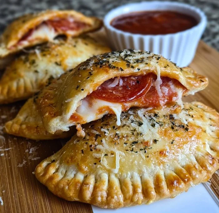Homemade easy cheesy pizza pockets served on a plate