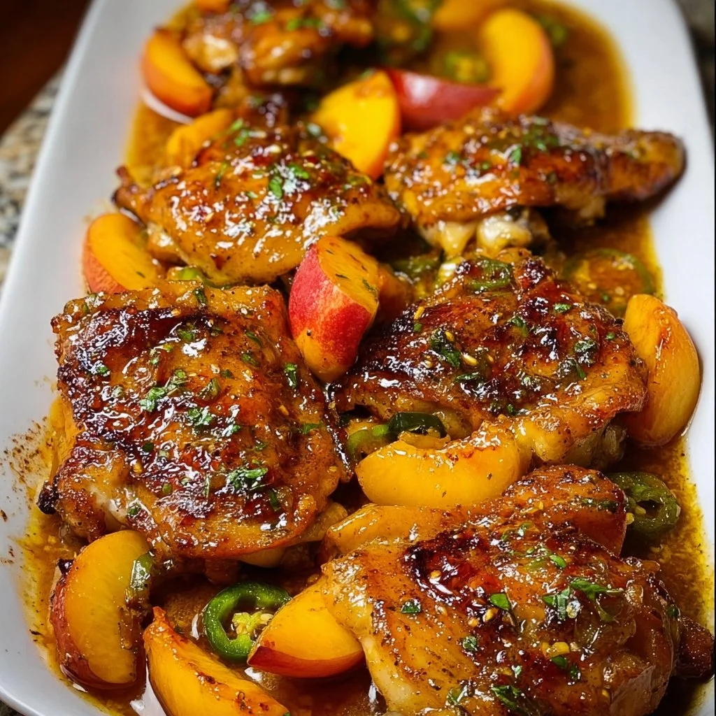 Juicy Jalapeño Peach Chicken garnished with fresh herbs