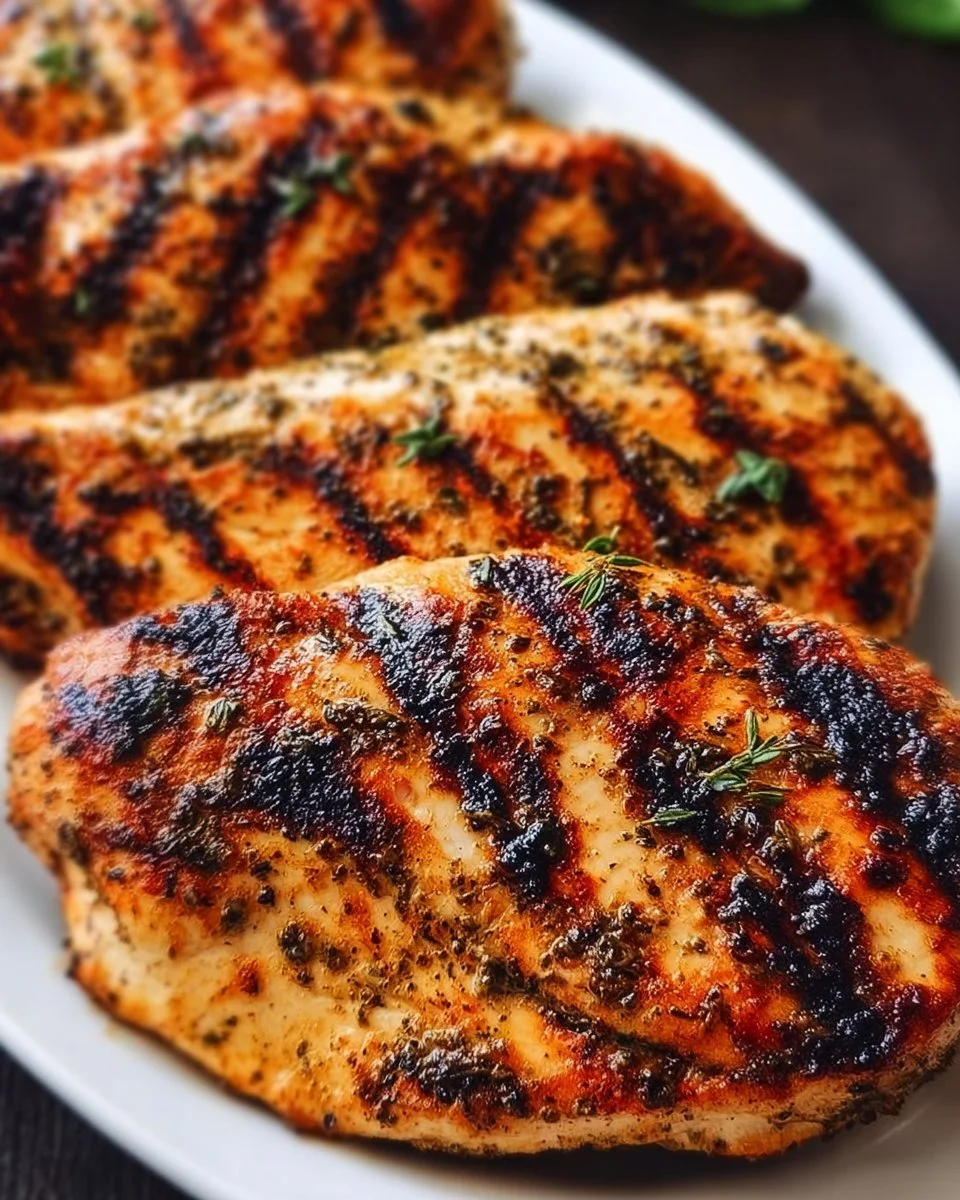 Juicy grilled chicken breast on a plate with herbs and spices