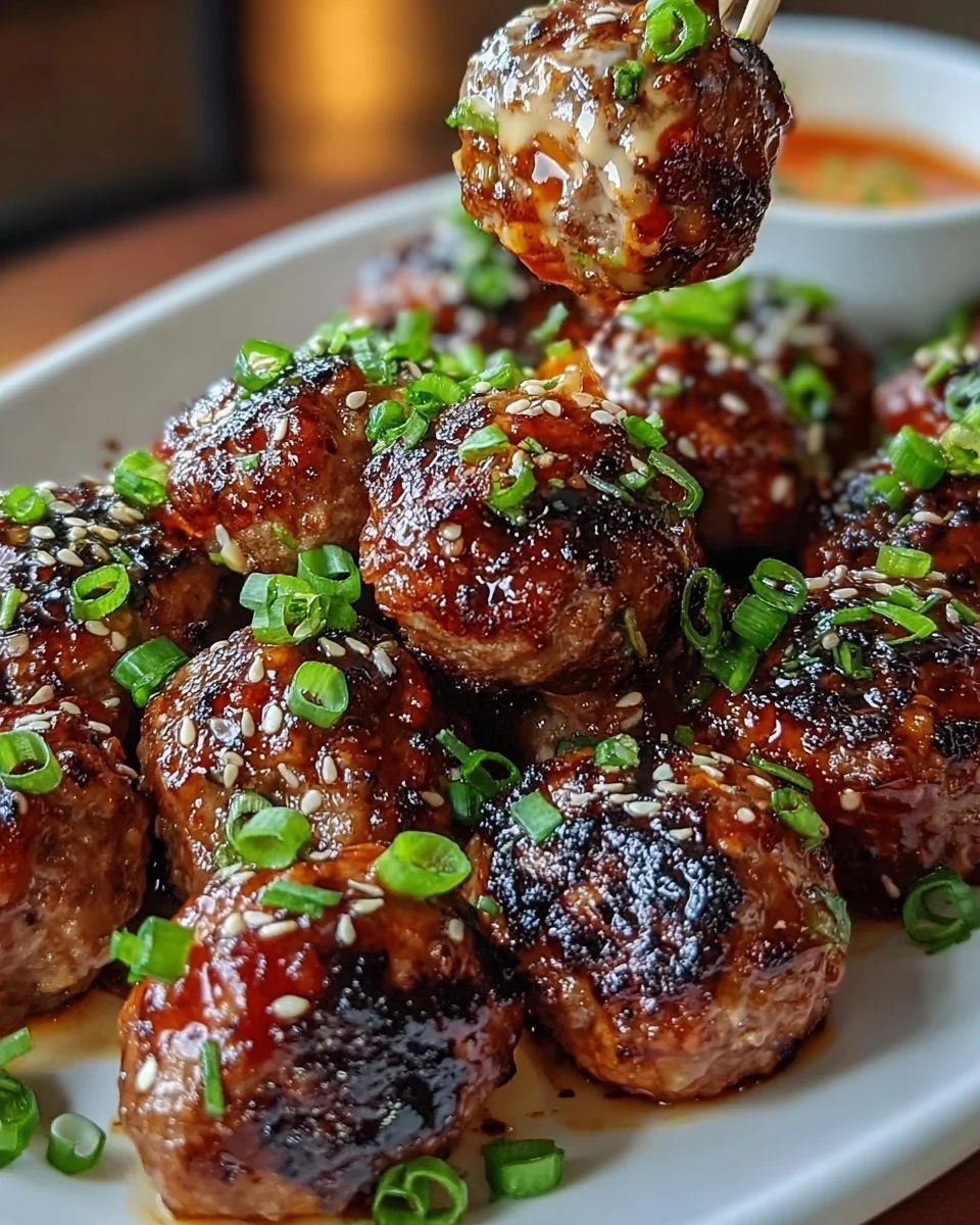 Delicious Korean BBQ meatballs garnished with green onions on a plate.