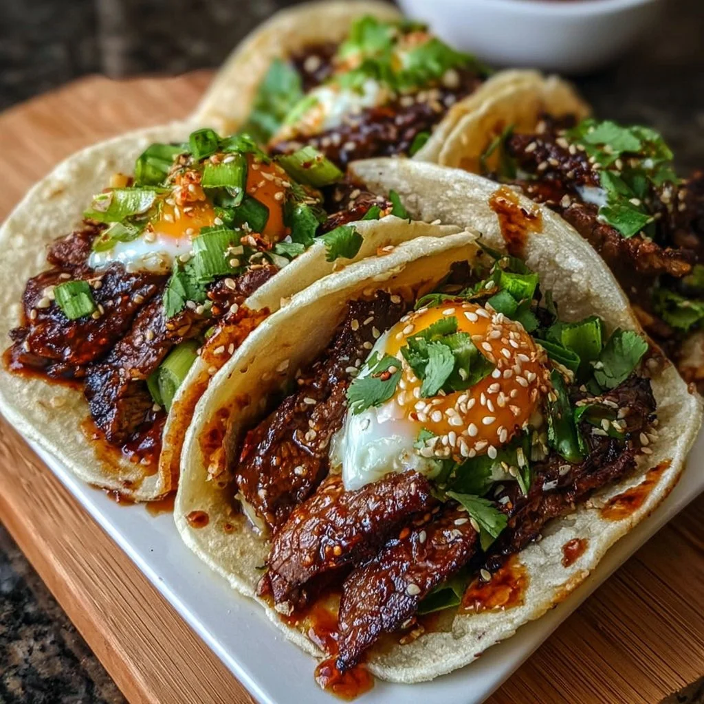 Delicious Korean BBQ tacos topped with fresh vegetables and sauces.