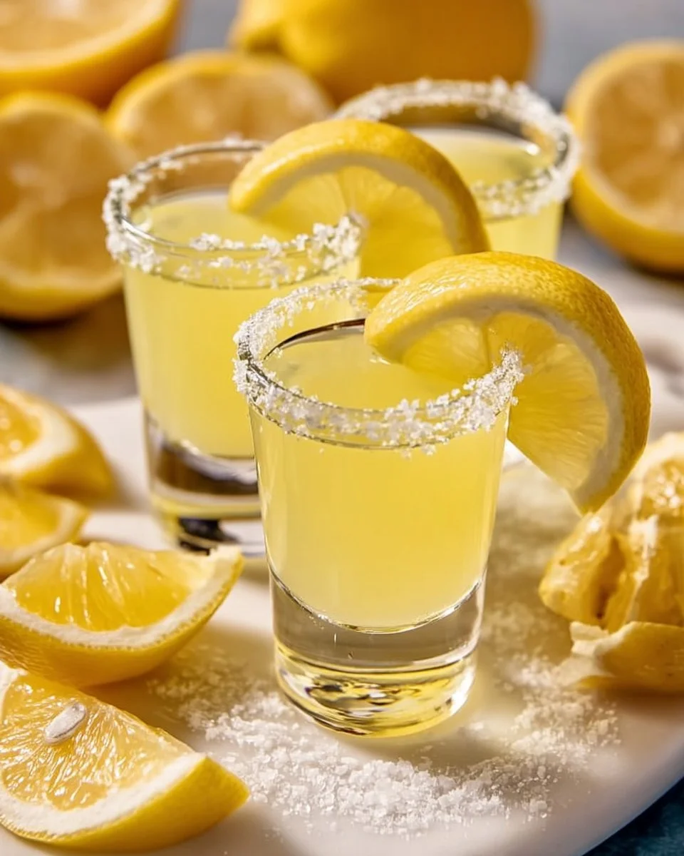 Delicious Lemon Drop Shots served in a cocktail glass with a lemon slice garnish.