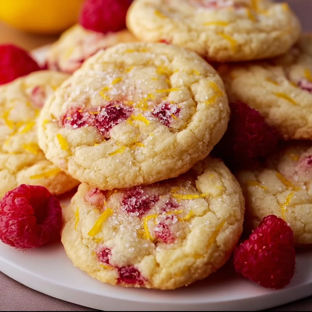 Lemon Raspberry Cookies arranged on a plate with fresh raspberries and lemon slices