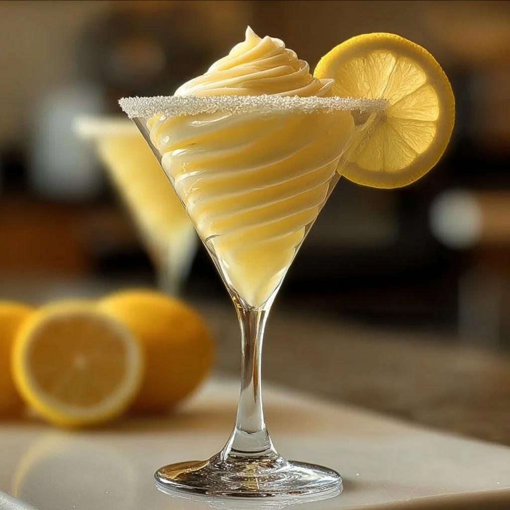 Limoncello Dream Martini garnished with a lemon twist in a cocktail glass.