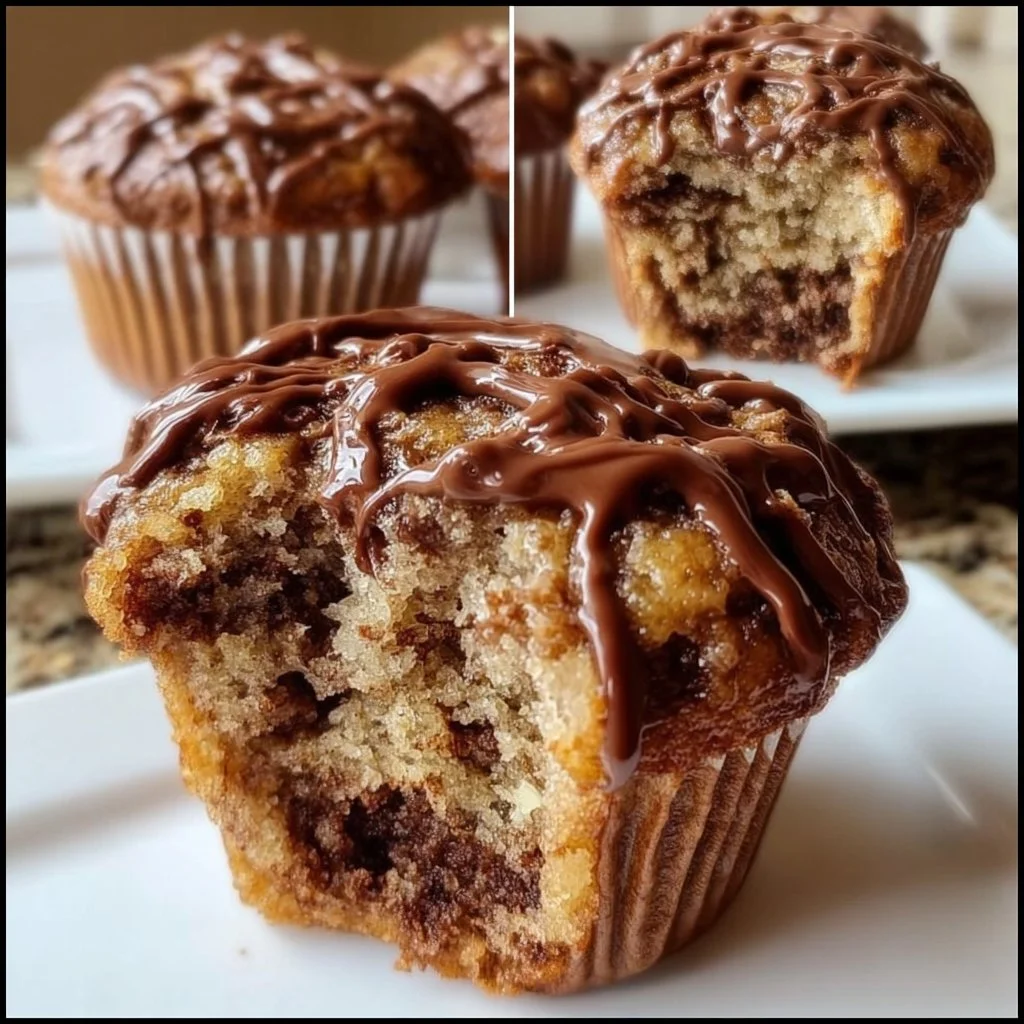 Freshly baked Nutella banana muffins on a wooden table