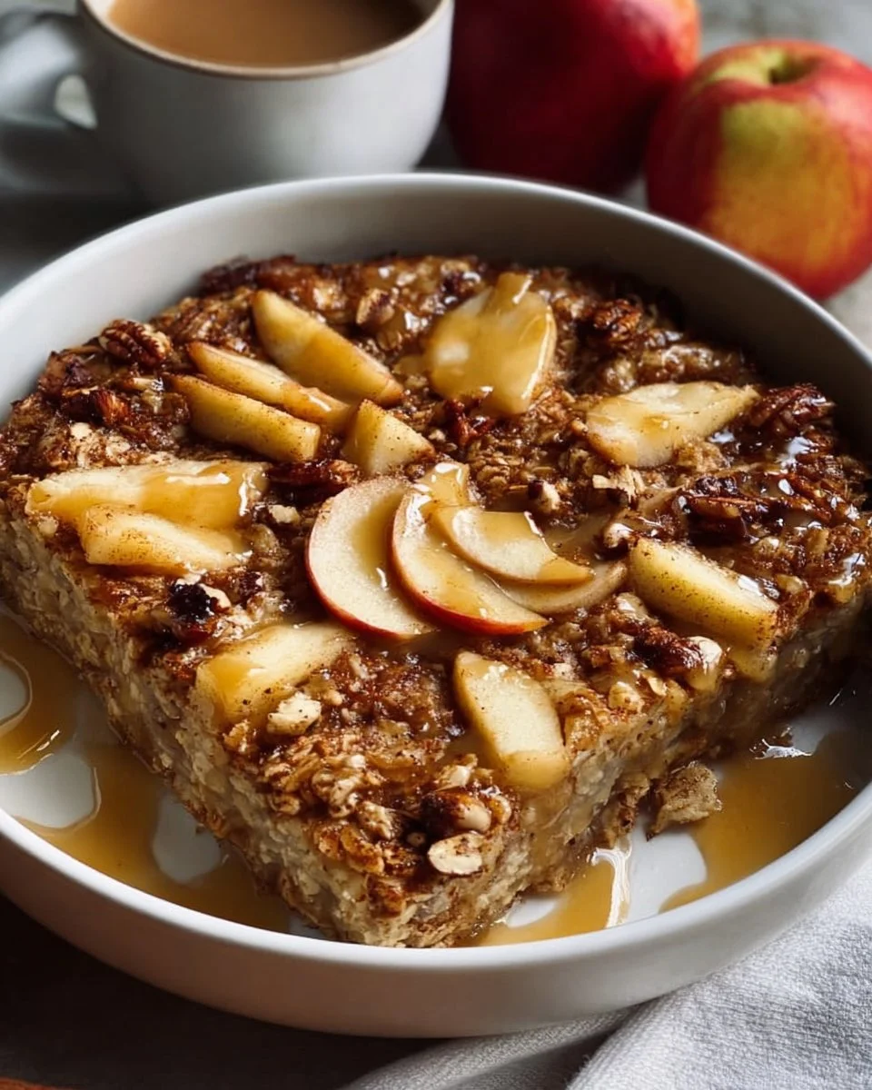 Oatmeal apple breakfast bake topped with cinnamon and apples