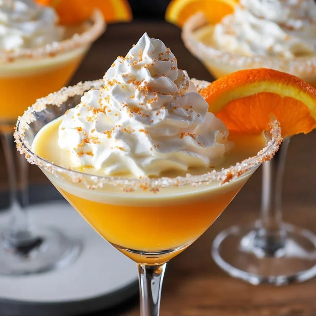 A refreshing Cremsicle Martini garnished with orange slices and a straw