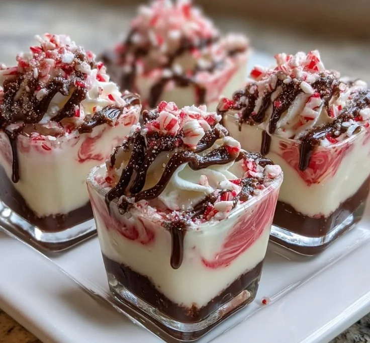 Peppermint swirl fudge shots served in festive cups
