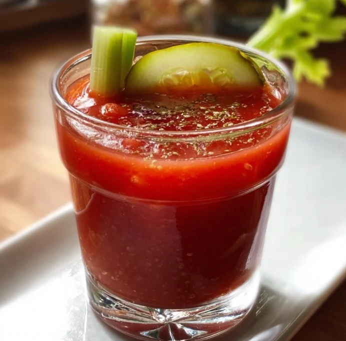Pickle Bloody Mary Shot with garnished pickles and celery on a bar top.
