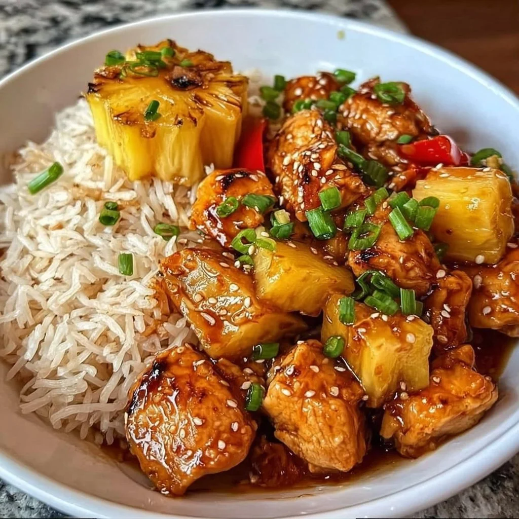 Pineapple Chicken served with rice on a plate