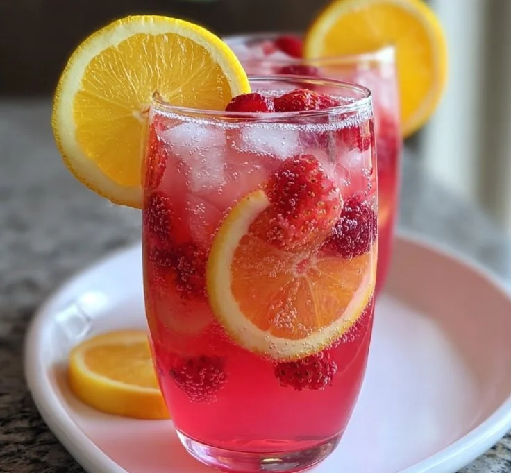 A vibrant Pink Witch Punch served in a glass with fruit garnishes.
