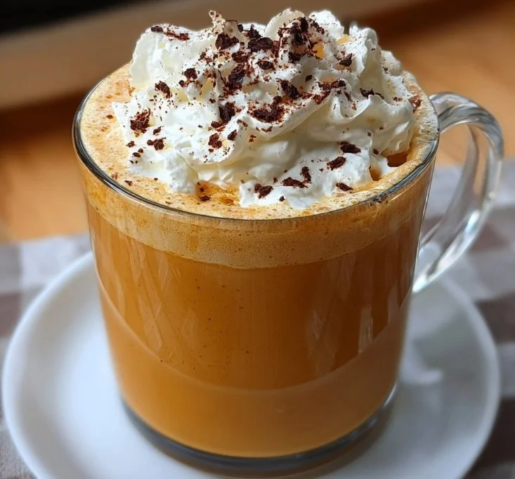 A cup of pumpkin hot chocolate topped with whipped cream and cinnamon.