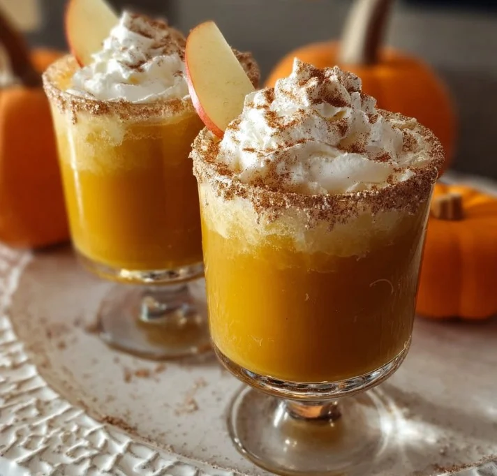 Two wine slushies: pumpkin pie and apple pie flavors in beautiful glasses.