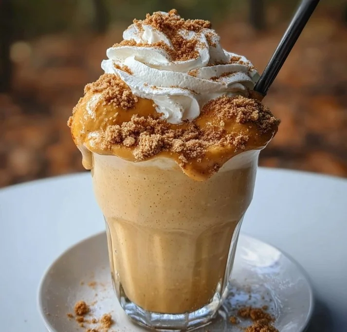 Delicious pumpkin pie milkshake topped with whipped cream and cinnamon.