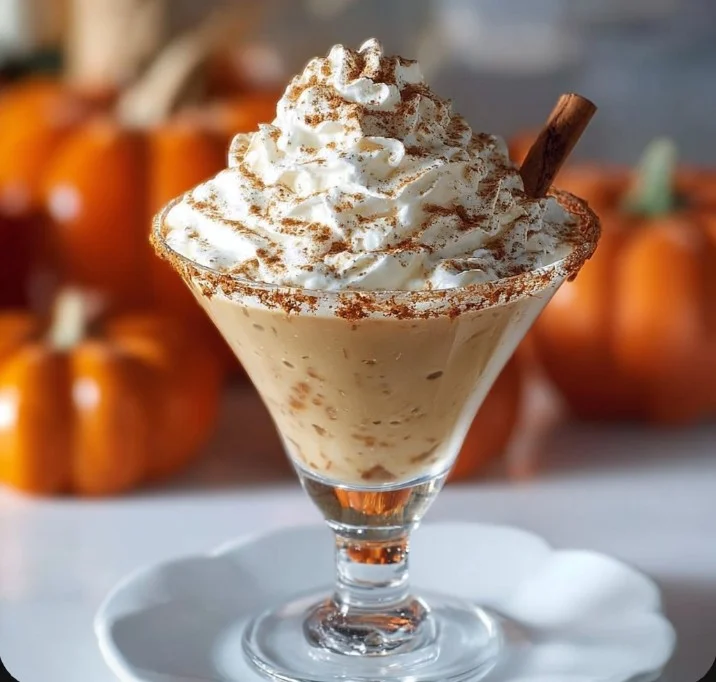 Delicious Pumpkin Spice Martini served in a glass with fall-themed decorations