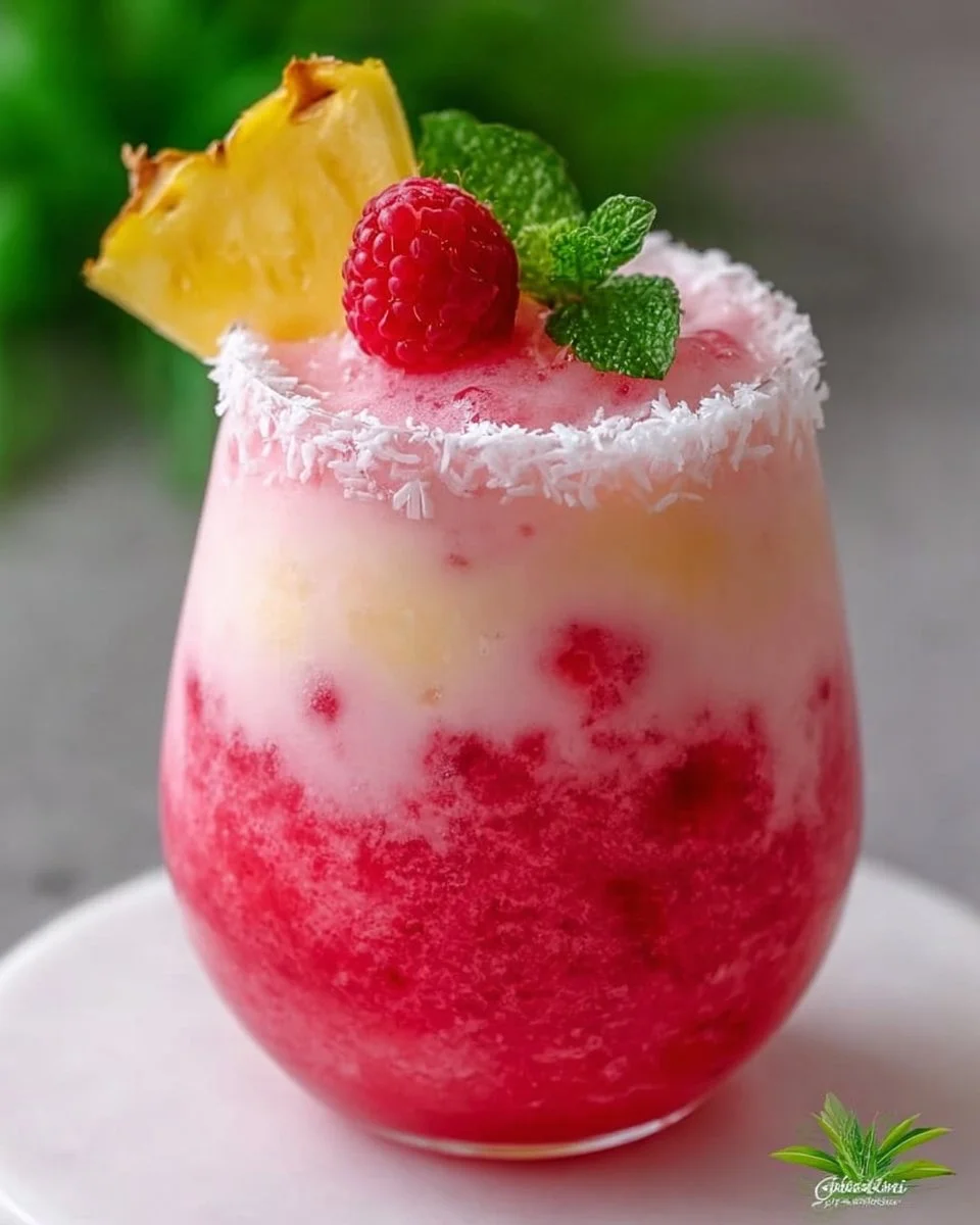 Raspberry Colada Twist cocktail garnished with fresh raspberries and pineapple.