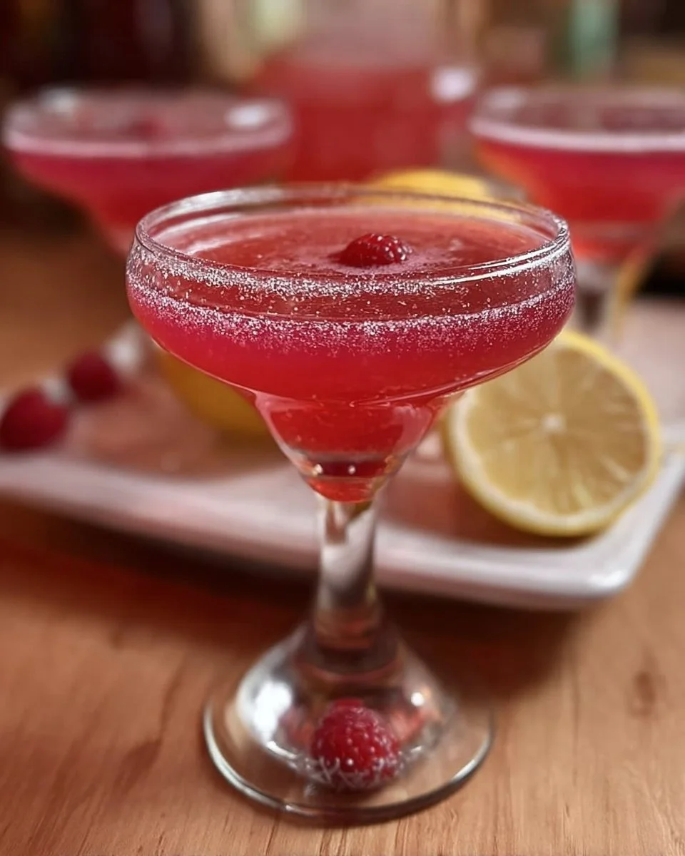 Raspberry Lemon Drop cocktail with vibrant raspberries and lemon garnish