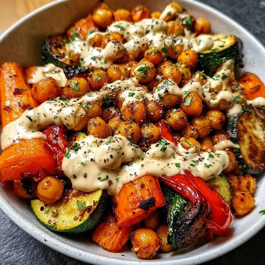 Delicious roasted vegetable and chickpea bowl topped with fresh herbs.