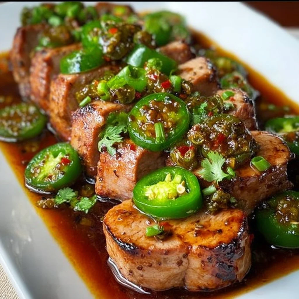 Delicious sweet jalapeno pork dish garnished with fresh jalapenos
