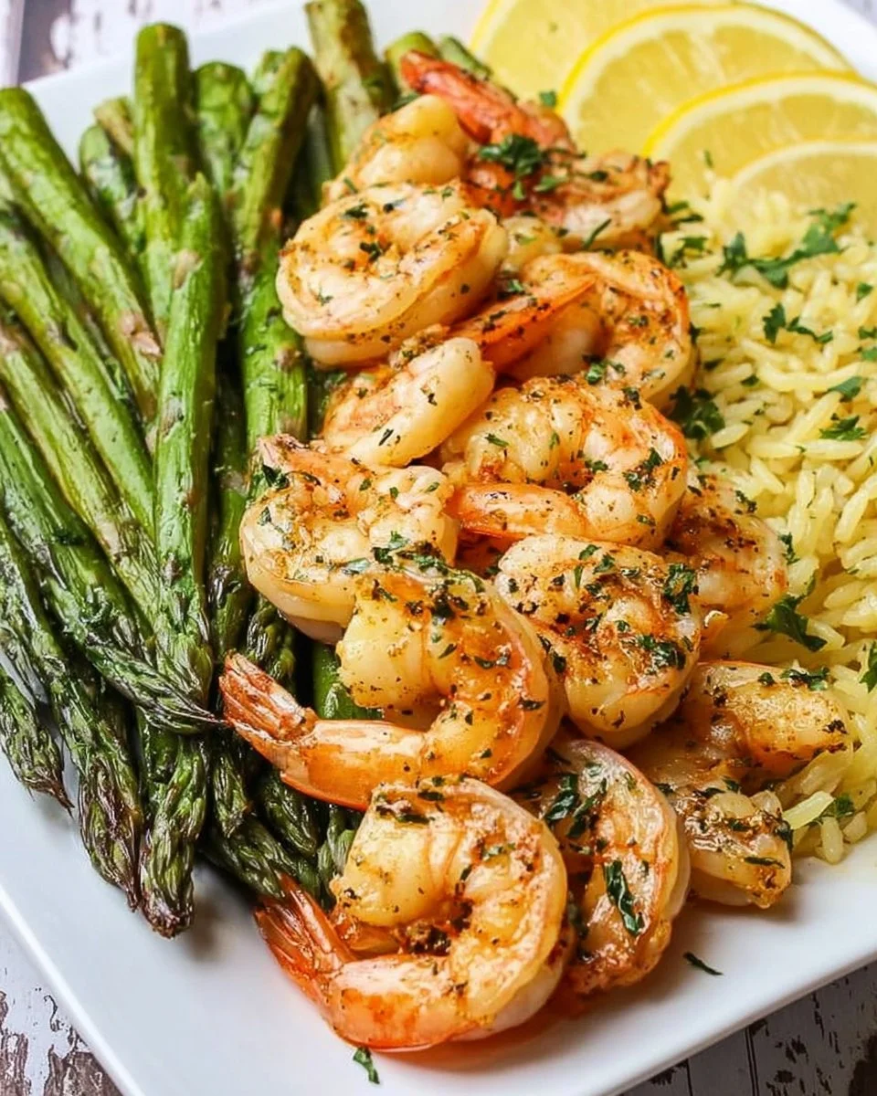 Sheet pan shrimp and asparagus dish, ready to eat with vibrant colors.