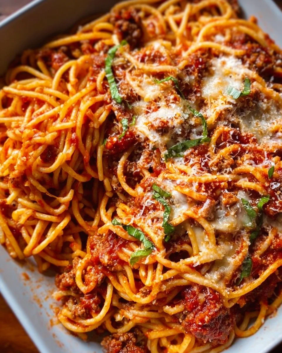 Delicious spaghetti casserole topped with cheese and baked to perfection