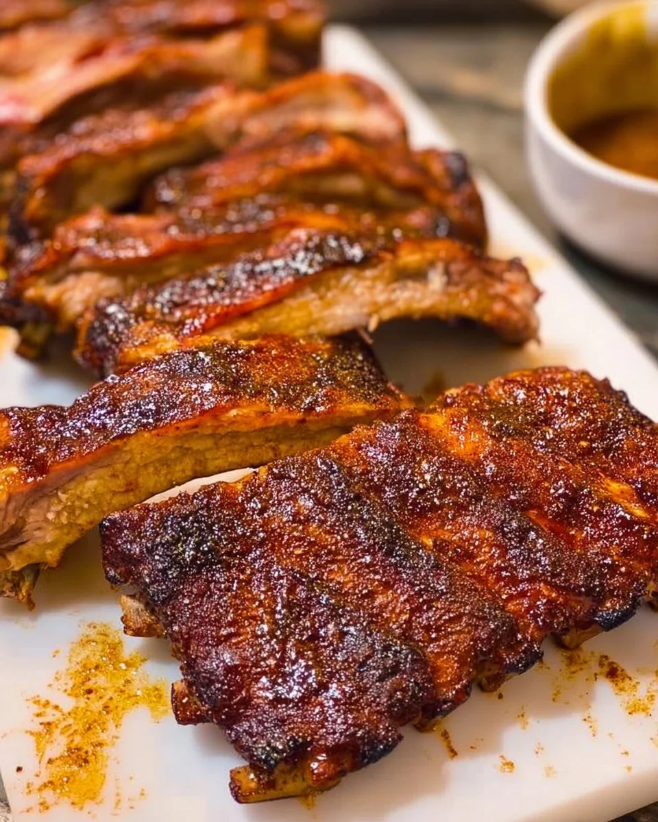 Succulent St. Louis grilled ribs ready for the BBQ, garnished with herbs.