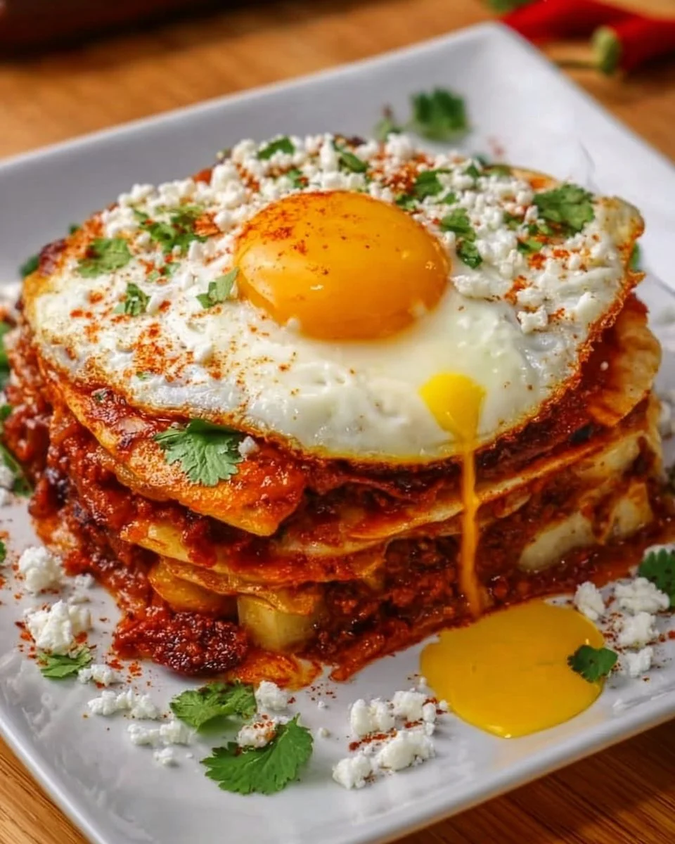 Stacked potato and chorizo enchiladas with cheese and toppings