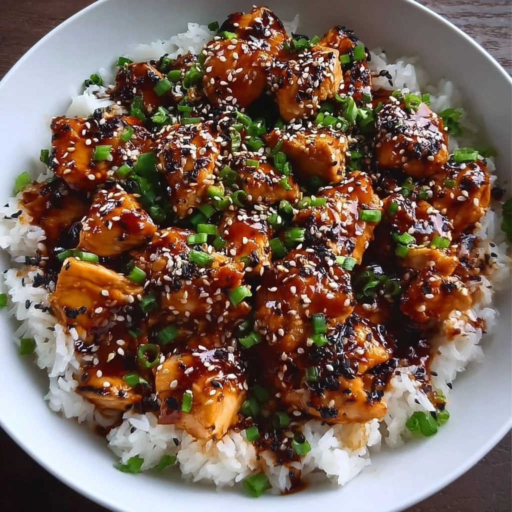 Delicious Sticky Chicken Rice Bowl with tender chicken and savory rice