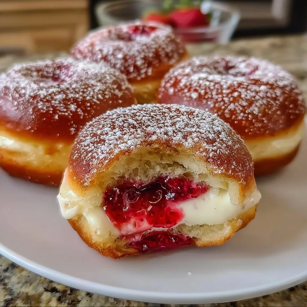 Delicious Strawberry Cheesecake Donuts topped with cream and strawberries