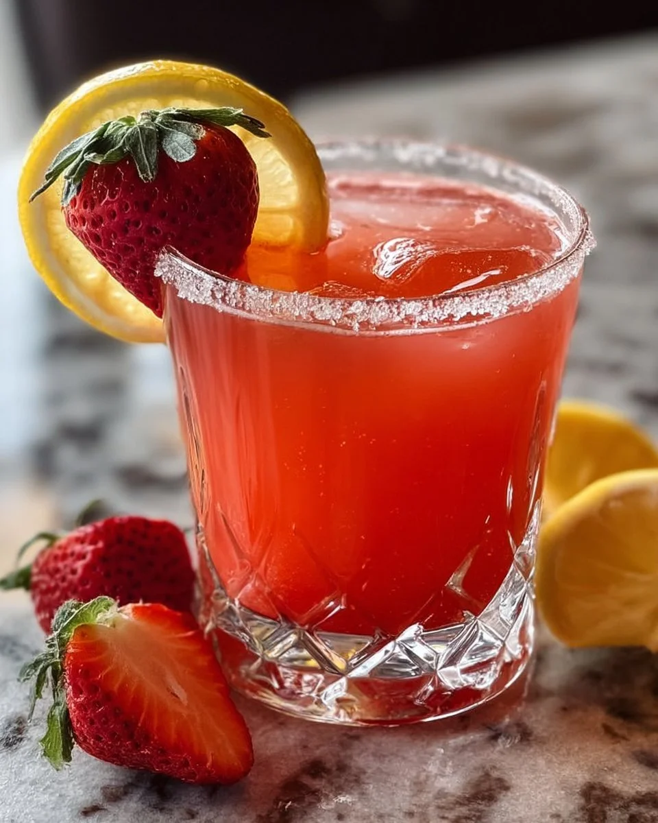 A refreshing Strawberry Lemon Drop cocktail with vibrant colors and garnished with lemon.