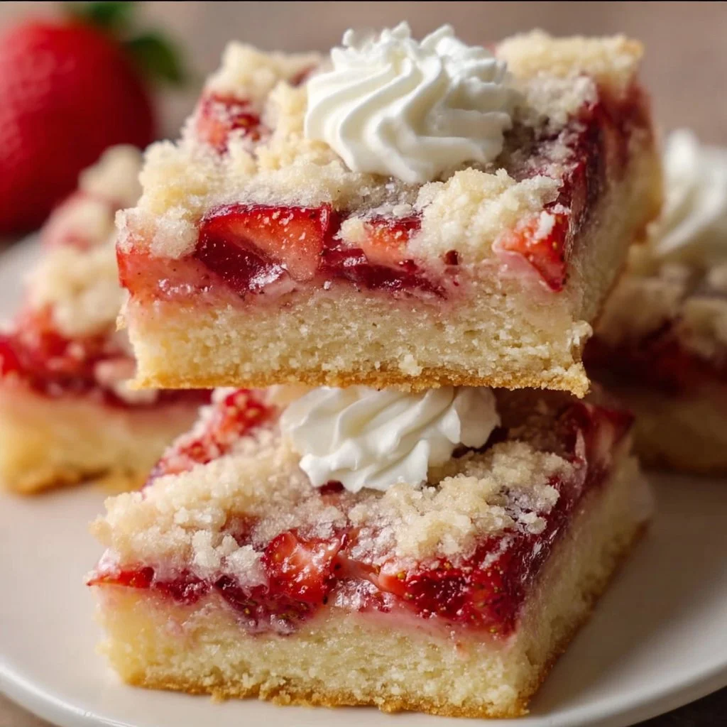 Strawberry shortcake bars topped with fresh strawberries and whipped cream