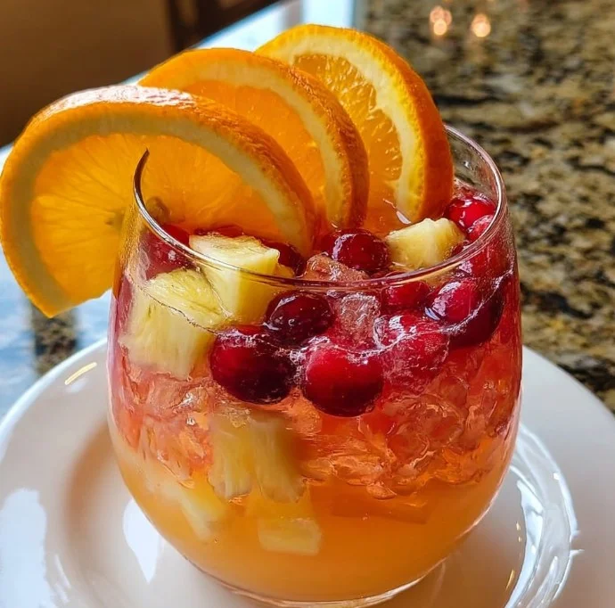 Festive Winter Moscato Punch served in a holiday-themed glass.